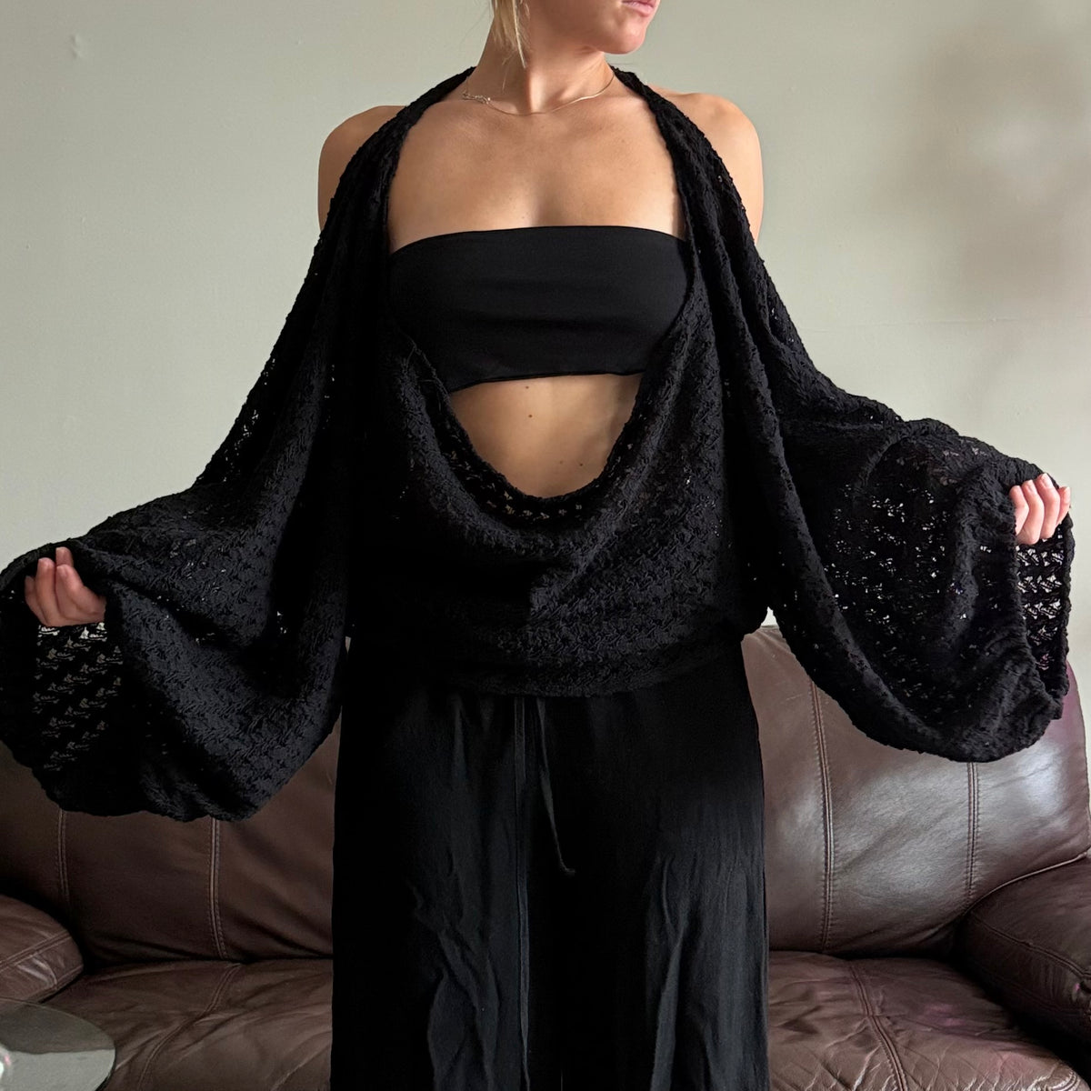 Black Knit Lace Halter Top