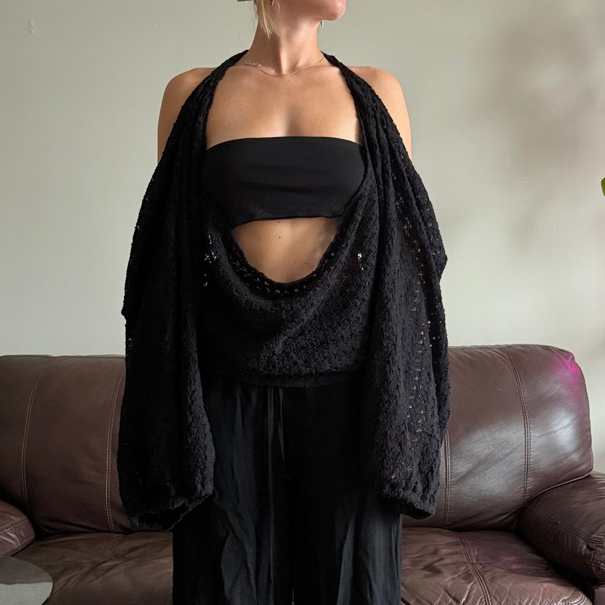 Black Knit Lace Halter Top